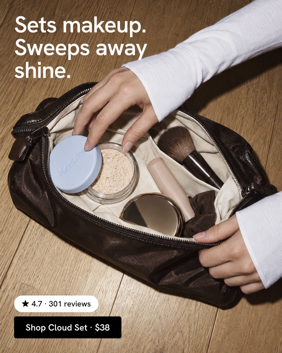 Example static ad for a makeup brand: setting powder in a bag flatlay