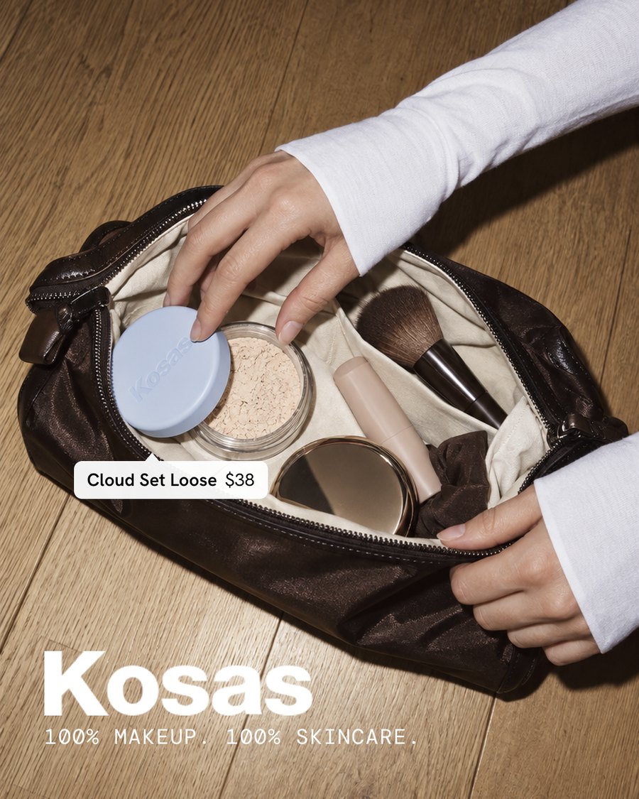 Example static ad for a makeup brand: editorial bag flatlay with logo